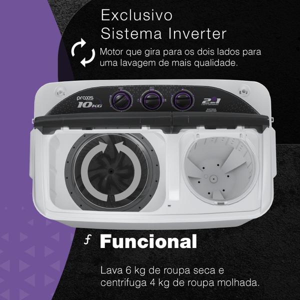 Imagem de Lavadora 2 em 1 - 10 Kg - Lava 6 Kg e Centrifuga 4 Kg - Praxis Eletrodomésticos - 220v Branco e Preto