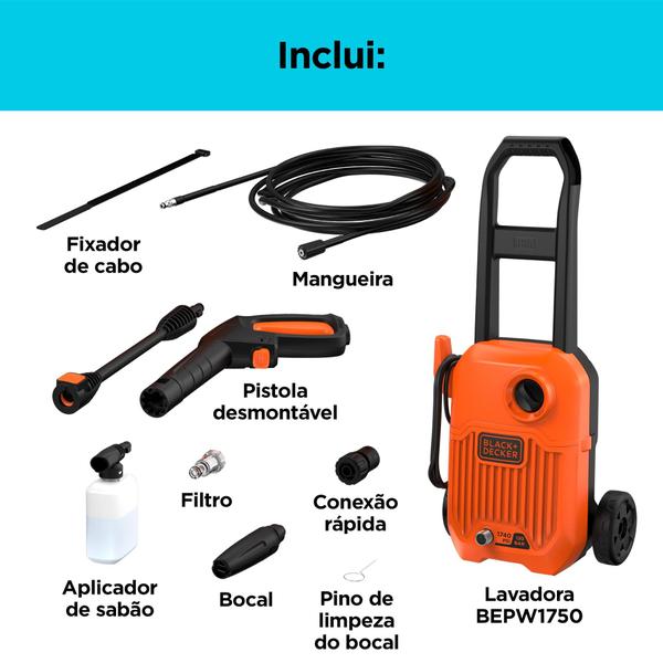 Imagem de Lavadora Alta Pressão c/ Mangueira de Pressão 3m,Pistola Gatilho 1500W Black Decker BEPW1750 220V