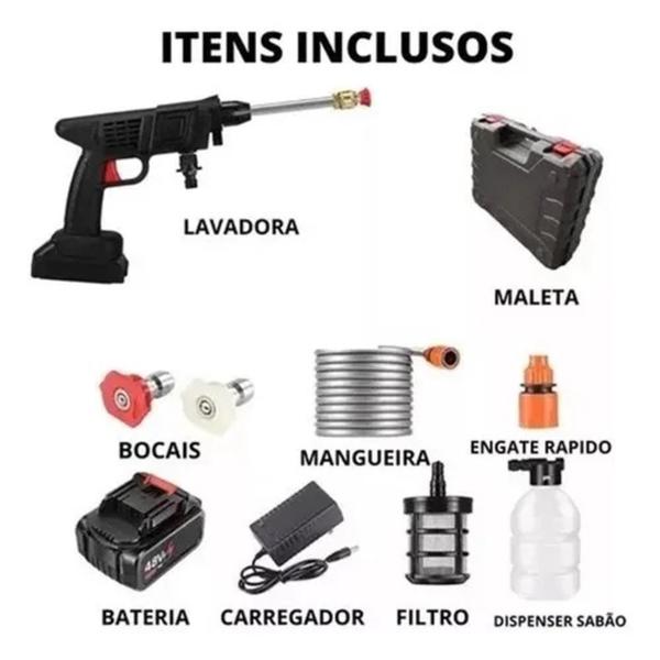 Imagem de Lavadora sem fio portatil alta pressão pistola de agua gatilho kit completo recarregavel com maleta 
