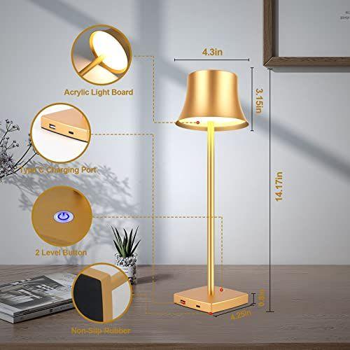 Imagem de Led Desk Lamp Cordless Table Light, Bateria recarregável Porta de carregamento USB 2 Níveis brilho Dimmable para Outdoor Modern Hotel Restaurant Dining Bedroom Study Portable Lights (Gold)