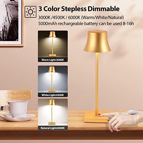 Imagem de Led Desk Lamp Cordless Table Light, Bateria recarregável Porta de carregamento USB 2 Níveis brilho Dimmable para Outdoor Modern Hotel Restaurant Dining Bedroom Study Portable Lights (Gold)