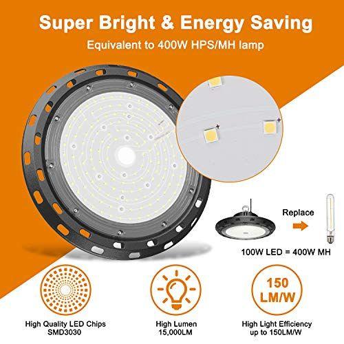 Imagem de LED High Bay Light 100W 15.000lm 5000K Daylight 400W MH/HPS Equivalente com cabo 5' Cabo UFO LED Shop Lights Commercial Warehouse Workshop Garage Factory Lowbay Area Lighting Fixture, Non-Dim