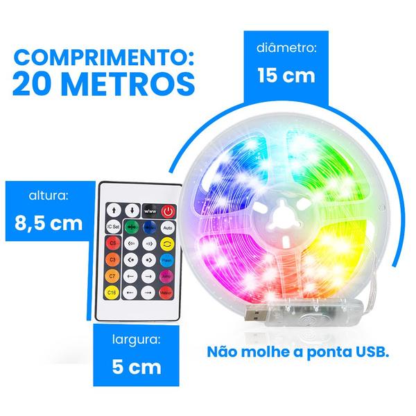 Imagem de Led Para Quarto Fita Rgb 20 Metros Grande Com Controle App Bt