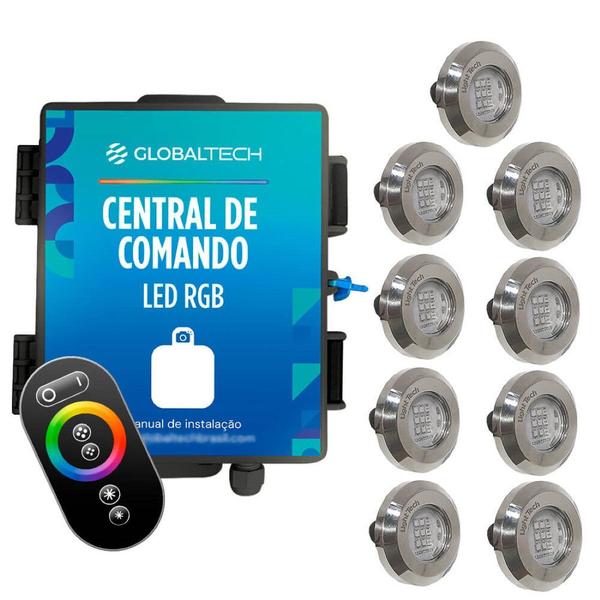 Imagem de Led Piscina - Kit 9 Tiny Led INOX RGB com Central e Controle Touch