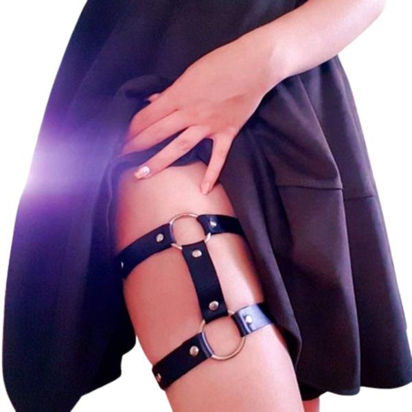 Imagem de Leg Garter Persex Couro Legítimo Egirl Gótico Duplo Coxa Perna Cosplay Harness Arreio