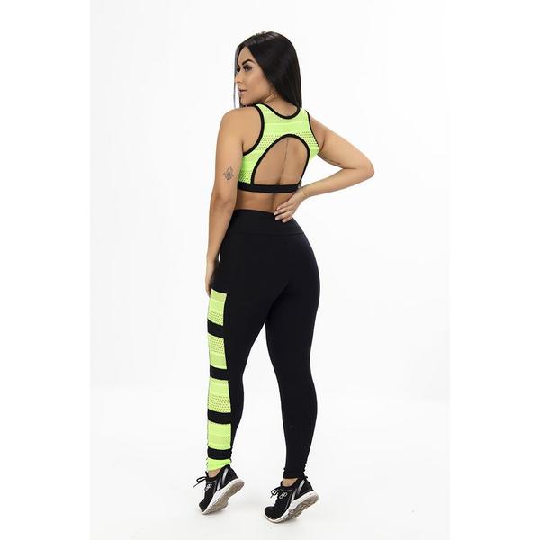 Imagem de Legging Feminina Academia Poliamida Detalhe Cirre UV50+ e Tela Orbis - Preto com verde, M