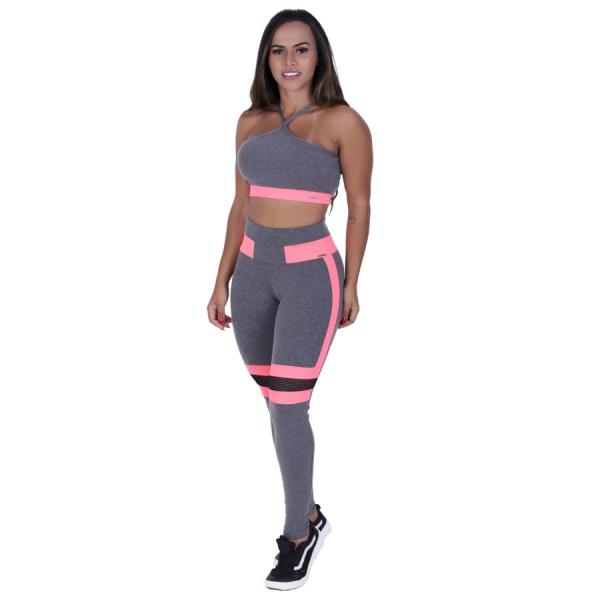 Imagem de Legging fitness feminina recortes em tela e neon poliamida orbis