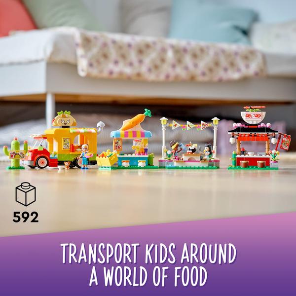 Imagem de LEGO Friends Street Food Market 41701 Novo kit de construção de alimentos promove jogo imaginativo Inclui Emma e Kitten Toy Presente de aniversário para crianças de 6 anos (592 peças)