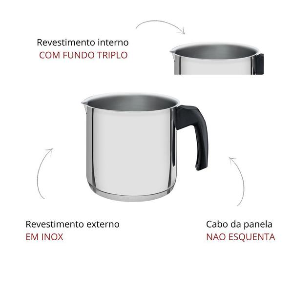 Imagem de Leiteira Caneca Fervedor Tramontina Aço Inox Fundo Cooktop Fogão Indução Triplo 2 Litros 14cm Allegra Baquelite