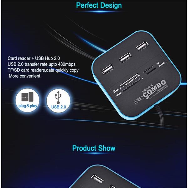 Imagem de Leitor de cartão USB HUB, divisor USB 2.0 de 3 portas para PC e laptop