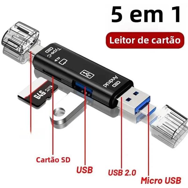 Imagem de Leitor de Cartões de Memória USB-C 5 em 1 - Adaptador Multifuncional USB 2.0 e Tipo C