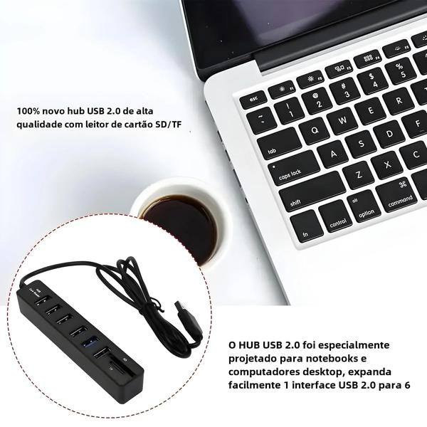 Imagem de Leitor de Cartões SD/TF com Hub USB 2.0 de 3 Portas - para PC, Laptop e Macbook