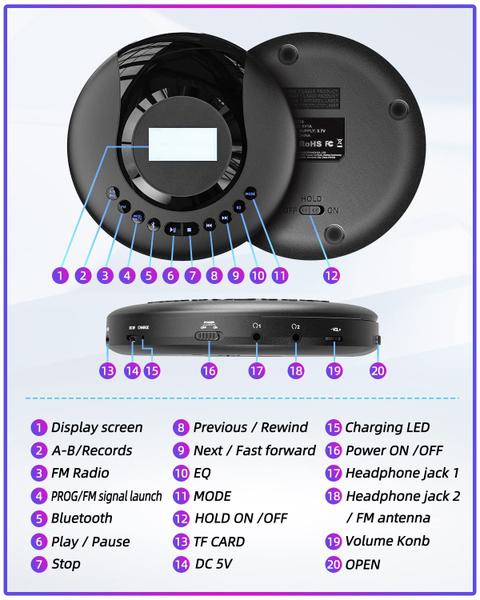 Imagem de Leitor de CD portátil ARAFUNA Bluetooth com rádio FM 2000mAh