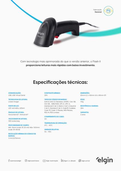 Imagem de Leitor de Código de Barras Elgin Flash 2 USB, Linear Imager 1D - Leve, Ergonômico e Eficiente.