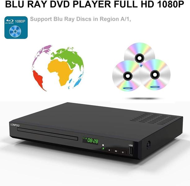 Imagem de Leitor de discos Blu-Ray LONPOO HD 1080P com cabos HDMI e AV