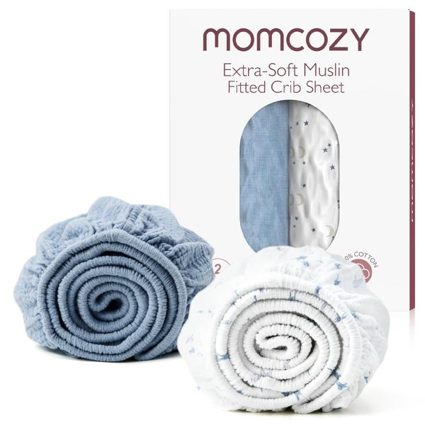 Imagem de Lençóis de berço Momcozy Muslin Standard, pacote com 2 unidades, azuis