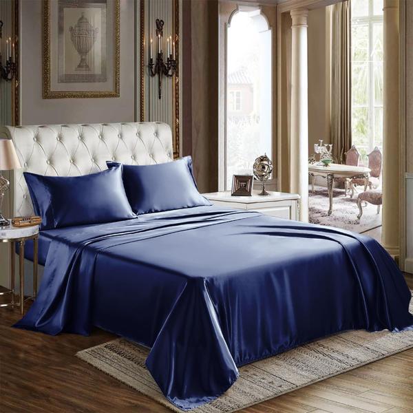 Imagem de Lençóis de cetim CozyLux King Size, 4 peças, lençol azul marinho S