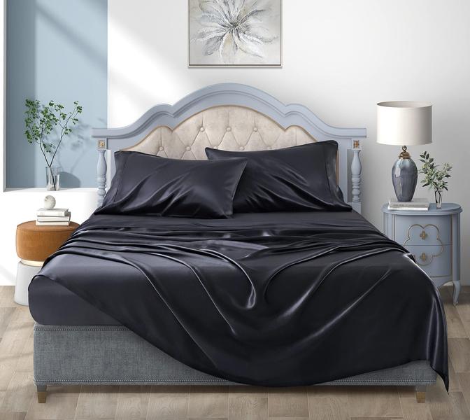 Imagem de Lençóis de cetim Luxbedding California King Size pretos