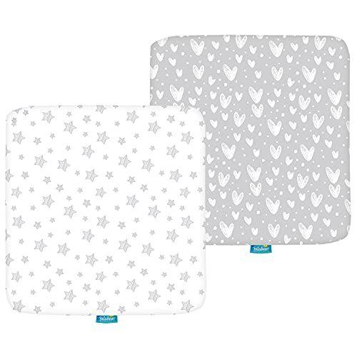 Imagem de Lençóis quadrados Playard / Playpen Fit, perfeito para 36 x 36 Playard portátil, 2 Pack, 100% Jersey Knit Cotton Fitted Sheets, listras cinzas e coração de impressão para o bebê e menina