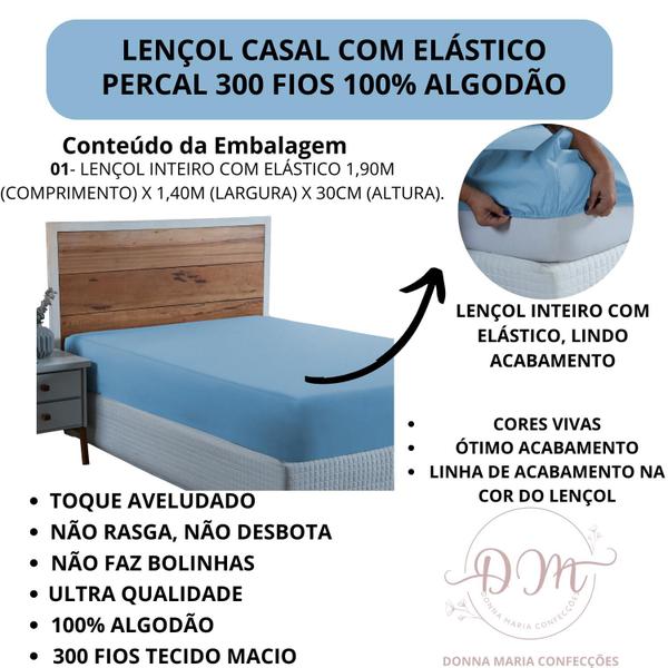 Imagem de Lençol 300 Fios Casal com Elástico Percal 100% Algodão Cama Box Toque Macio Aveludado