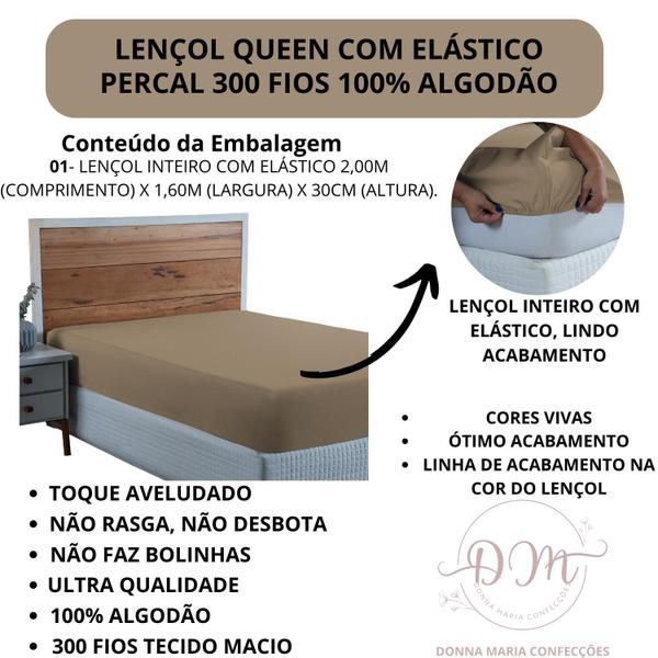 Imagem de Lençol 300 Fios Queen com Elástico Percal 100% Algodão Cama Box Toque Macio Aveludado