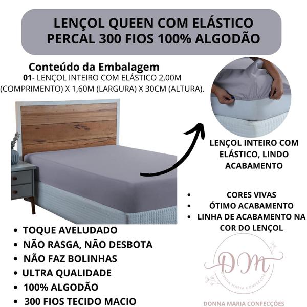 Imagem de Lençol 300 Fios Queen com Elástico Percal 100% Algodão Cama Box Toque Macio Aveludado