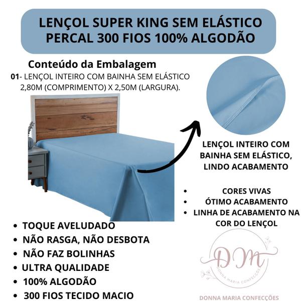 Imagem de Lençol 300 Fios Super King Sem Elástico Percal 100% Algodão Cama Box Toque Macio Aveludado