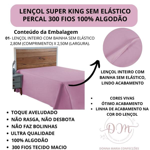 Imagem de Lençol 300 Fios Super King Sem Elástico Percal 100% Algodão Cama Box Toque Macio Aveludado