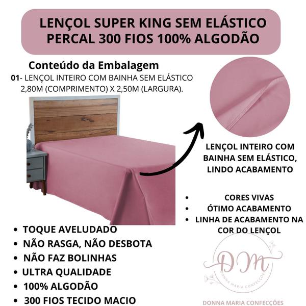 Imagem de Lençol 300 Fios Super King Sem Elástico Percal 100% Algodão Cama Box Toque Macio Aveludado