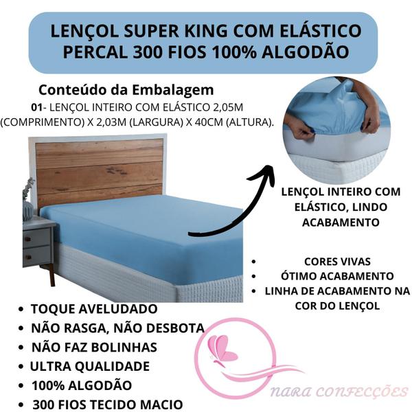 Imagem de Lençol Cama Box King Size Avulso 100% Algodão com Elástico Liso Percal 300 Fios