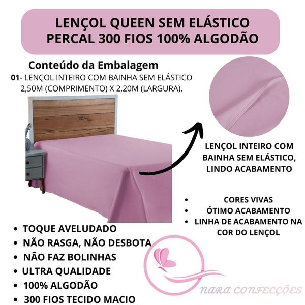 Imagem de Lençol Cama Box Queen Size Avulso 100% Algodão Sem Elástico Liso Percal 300 Fios