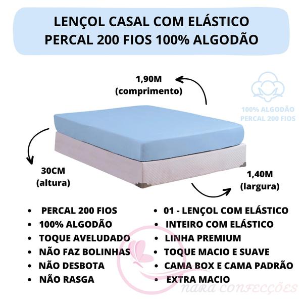 Imagem de Lençol Cama de Casal 03 peças com Elástico Percal 200 Fios 100% Algodão