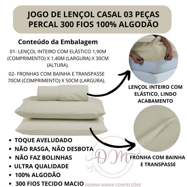 Imagem de Lençol Cama de Casal 3 peças 300 Fios Percal 100% Algodão Cama Box