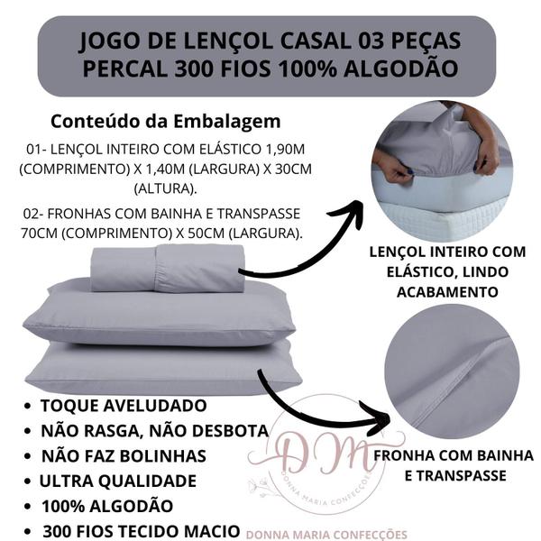 Imagem de Lençol Cama de Casal 3 peças 300 Fios Percal 100% Algodão Cama Box