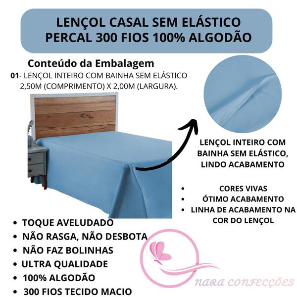 Imagem de Lençol Cama de Casal Sem Elástico Percal 300 Fios 100% Algodão Avulso