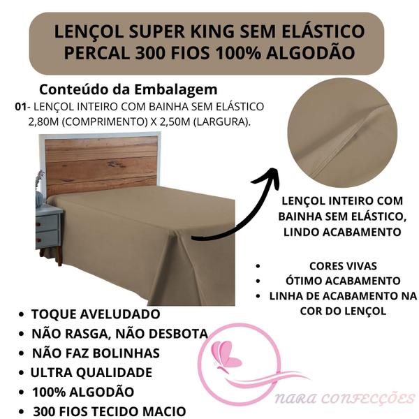 Imagem de Lençol Cama de King Size Sem Elástico Percal 300 Fios 100% Algodão Avulso