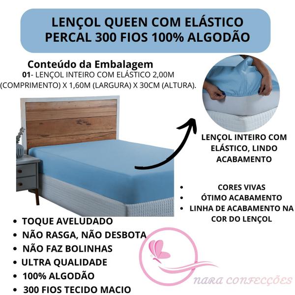 Imagem de Lençol Cama de Queen Size com Elástico Percal 300 Fios 100% Algodão Avulso