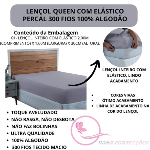 Imagem de Lençol Cama de Queen Size com Elástico Percal 300 Fios 100% Algodão Avulso