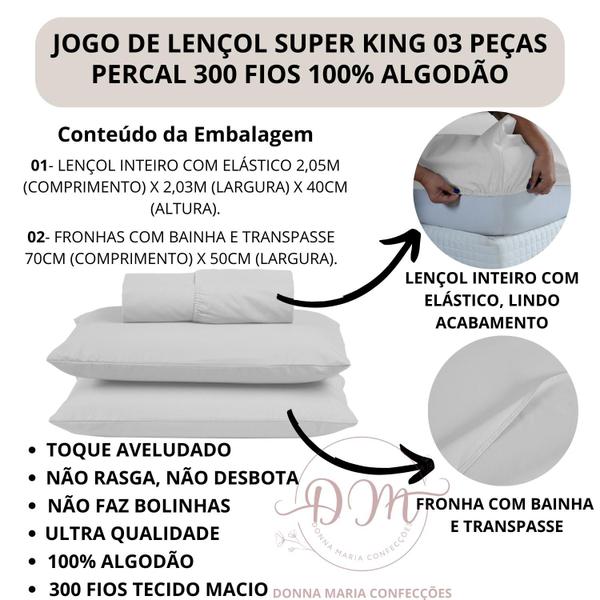 Imagem de Lençol Cama King 03 peças 300 Fios Percal 100% Algodão Cama Box