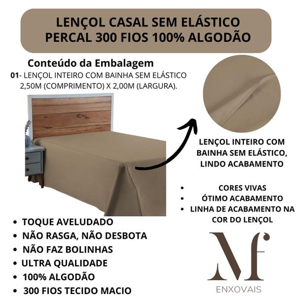 Imagem de Lençol Casal 100% Algodão Sem Elástico Prime Percal 300 Fios Cama Box e Beliche 01 Peça