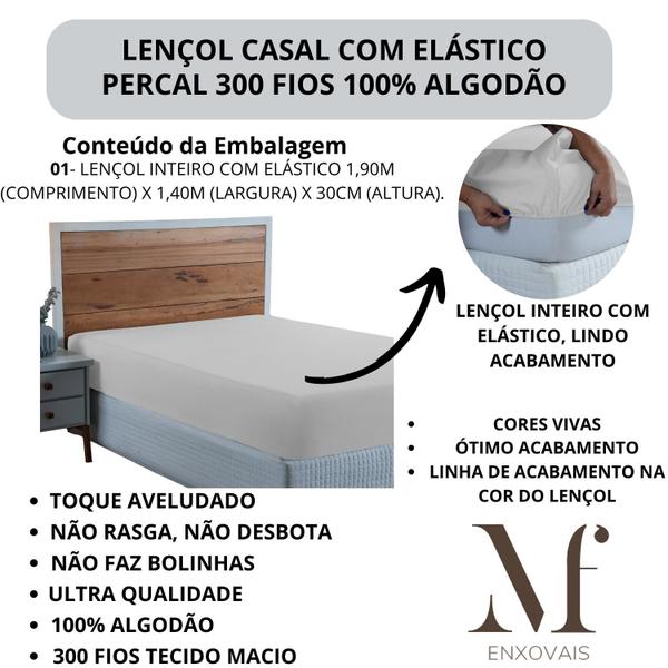 Imagem de Lençol Casal 300 Fios 100% Algodão Lençol com Elástico Avulso Cama Box 30cm Altura