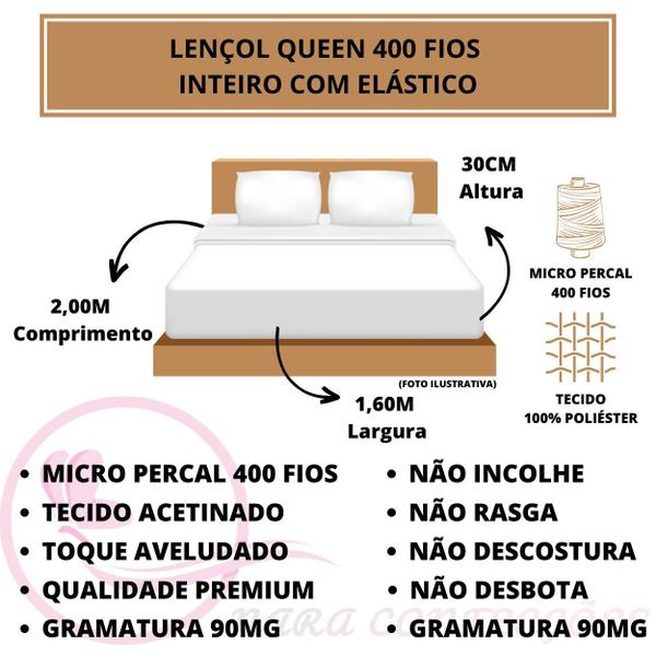 Imagem de Lençol de Cama 400 Fios Queen Micro Percal Aveludado Toque Macio com Elástico