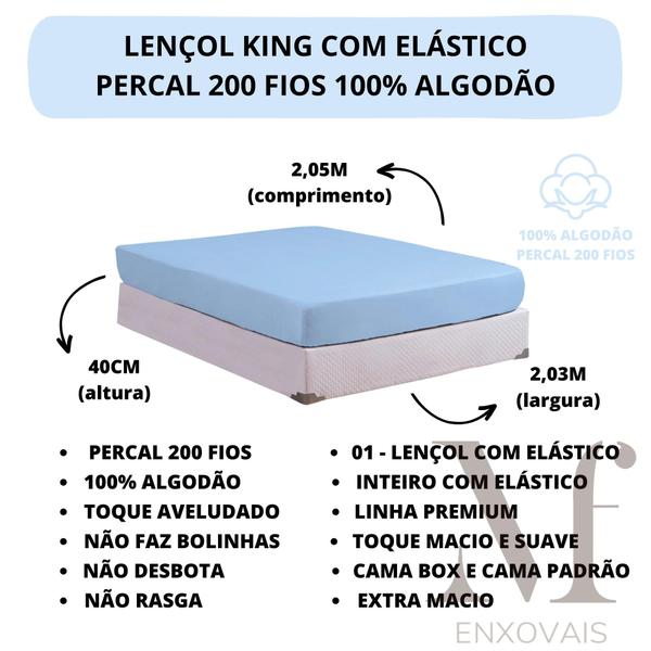 Imagem de Lençol de Cama King Size com Elástico PREMIUM Cama Box Percal 200 Fios 100% Algodão Avulso