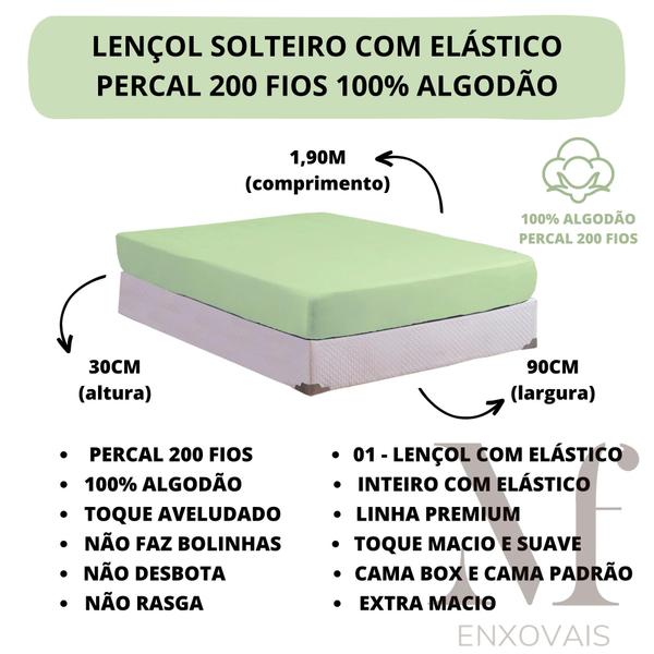 Imagem de Lençol de Cama Solteiro com Elástico PREMIUM Percal 200 Fios 100% Algodão Cama Box Avulso