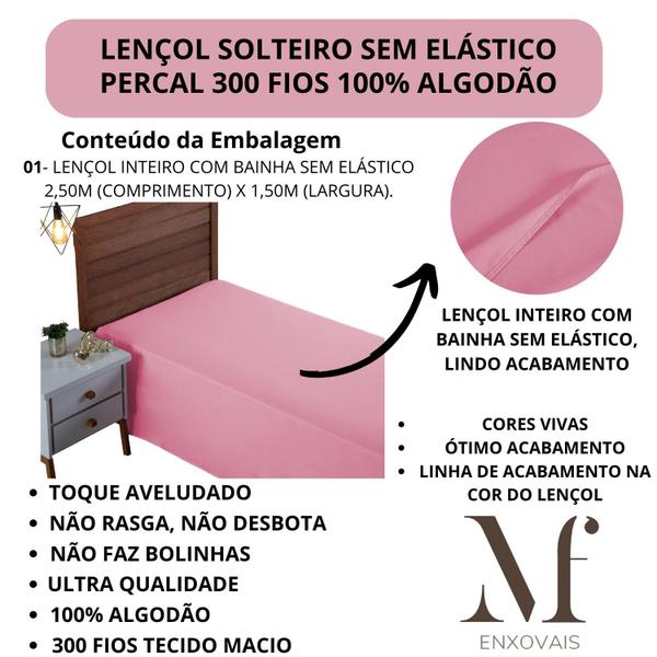 Imagem de Lençol de Cama Solteiro Sem Elástico PREMIUM Percal 300 Fios 100% Algodão Cama Box Avulso