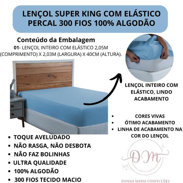 Imagem de Lençol King Size 100% Algodão com Elástico Percal 300 Fios Hotel Fazenda Cama Box Avulso