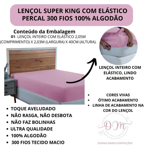 Imagem de Lençol King Size 100% Algodão com Elástico Percal 300 Fios Hotel Fazenda Cama Box Avulso