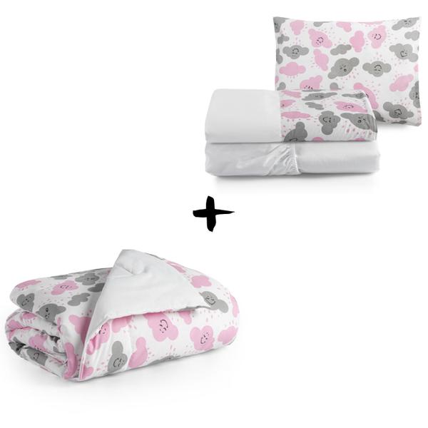 Imagem de Lençol Mini Cama Rosa + Edredom Nuvem Delicada 4pç moderno