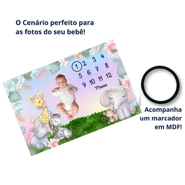 Imagem de Lençol Painel Cenário de Foto Bebê Mêsversário Safari Menina