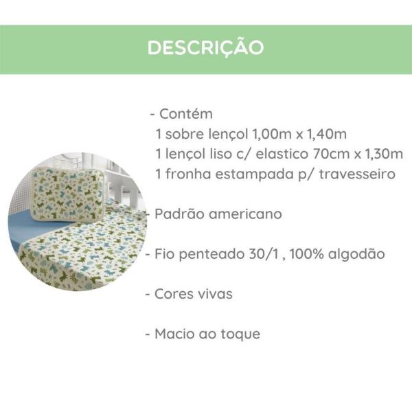 Imagem de Lencol Para Berco Bebe 3 Pcs Dinossauro Verde Com Fronha